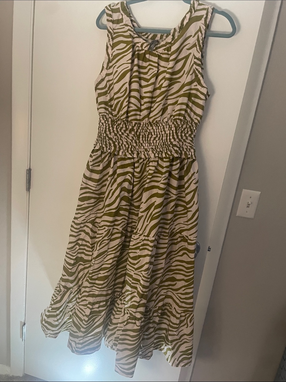 Anthropologie Olive and Cream Zebra Smocked Waist Dress